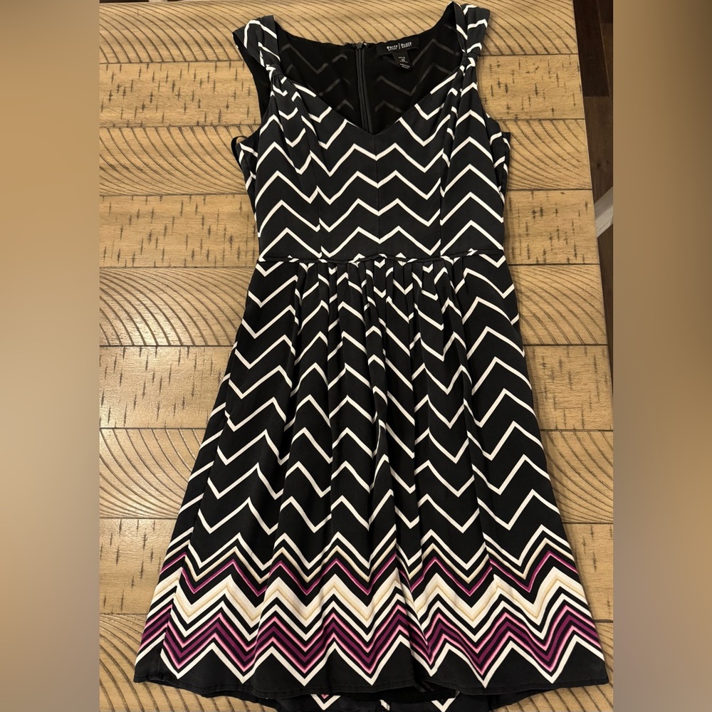 Black Chevron Sleeveless Fit-and-Flare Dress with Pink and Cream Accents